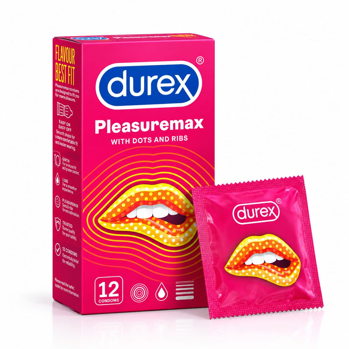 Durex Pleasuremax textured condoms box, dots and ribs, 12 pack